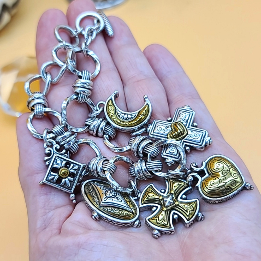 $110 Brighton "CHERISH" Multi Two-Tone Cross, Moon, & Heart Charm Bracelet RARE - Picture 9 of 11
